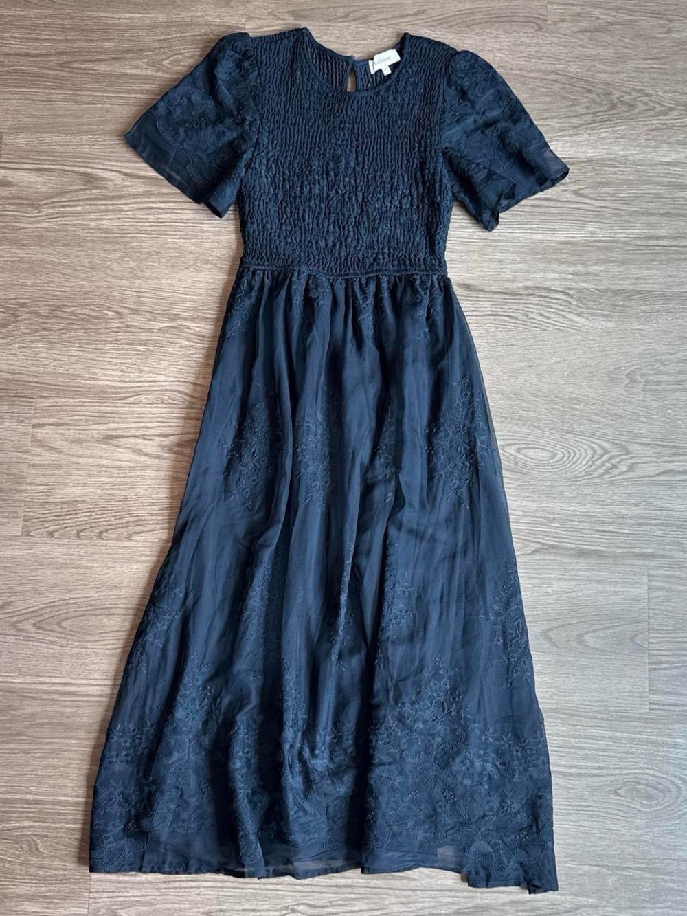Böhme Navy Blue Smocked Embroidered Midi Dress - Picture 2 of 4